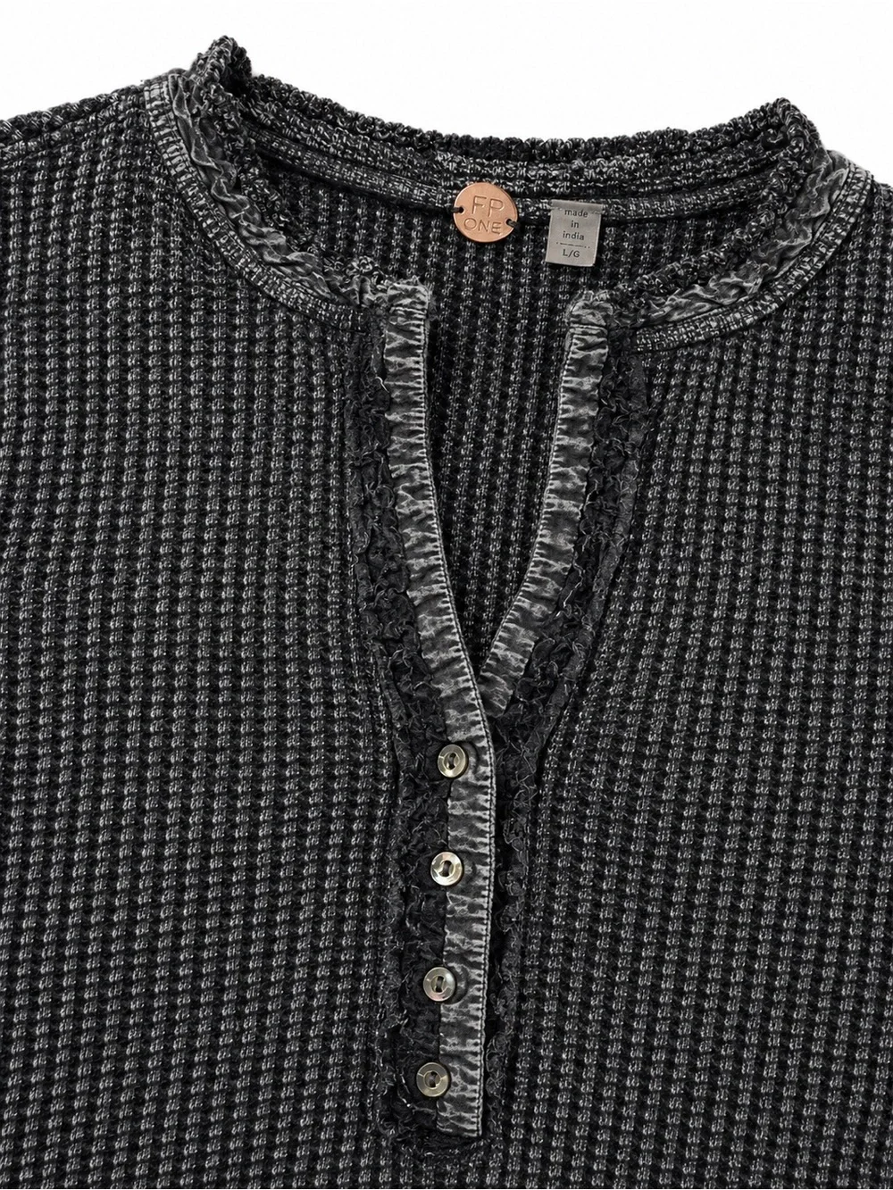 FP One by Free People Waffle Knit Thermal Henley Top Charcoal Gray Size Large
